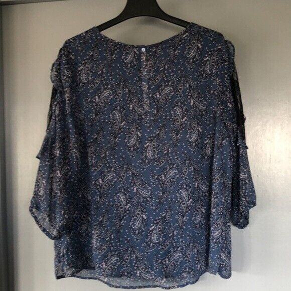 CJ Banks 1X Blue Paisley Lined Sheer 3/4 Sleeve Blouse Ruffle Mesh Cutout - Picture 2 of 8